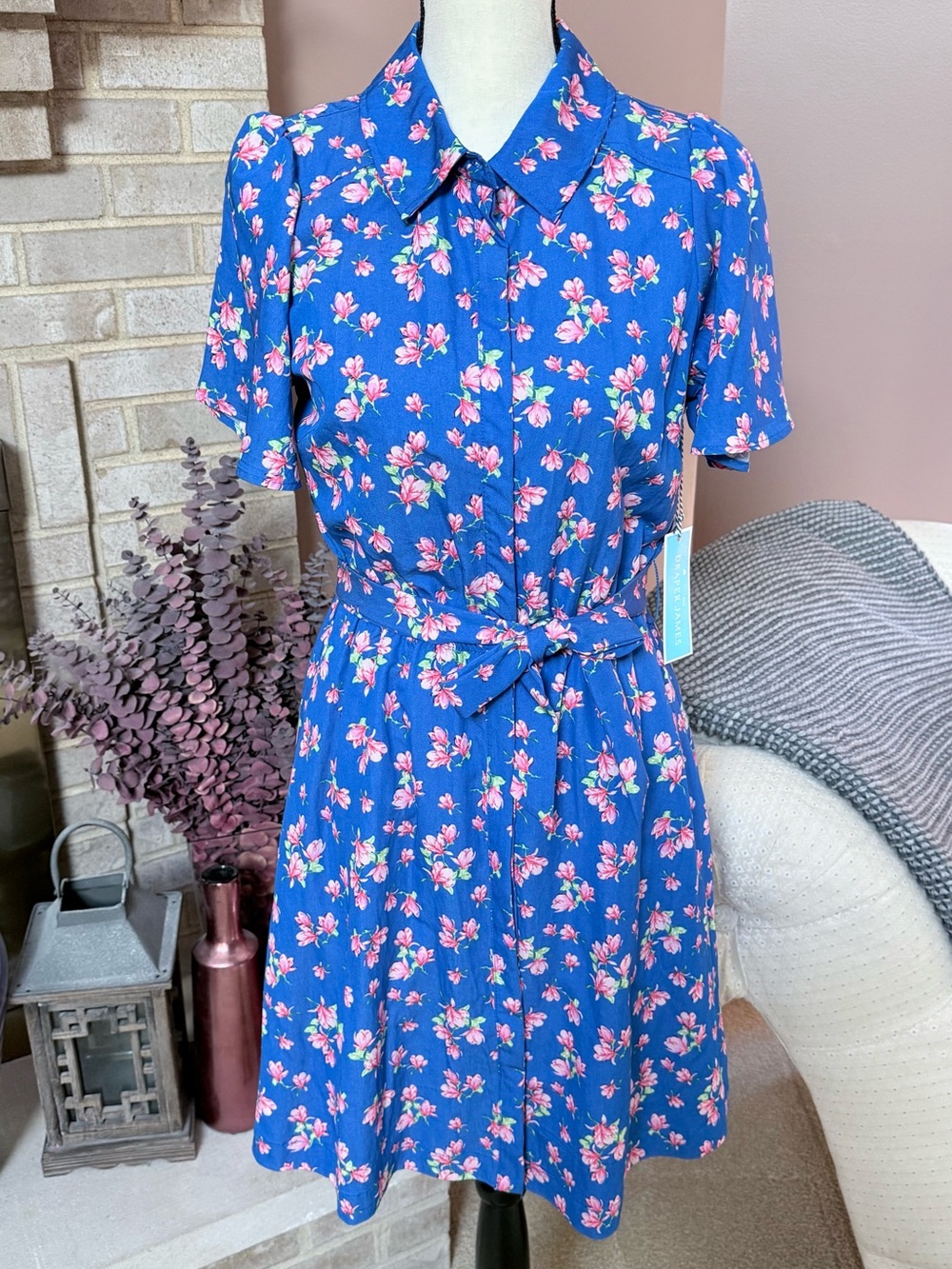 DRAPER JAMES Short Sleeve Shirt Dress - Blue Floral